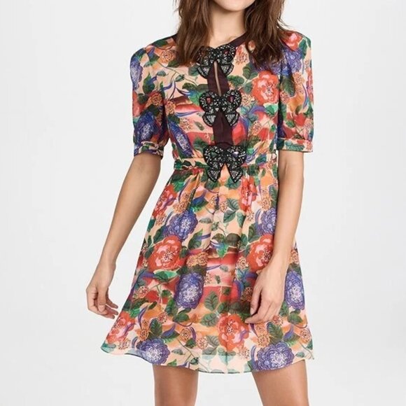 Saloni Jamie Short Dress 100% Silk Floral Beaded Bow Size 0 / XS - Picture 1 of 15